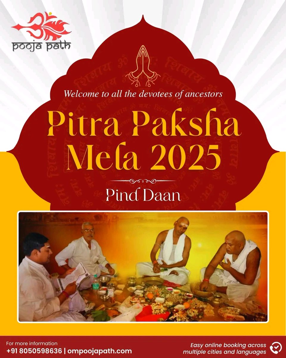 Ompoojapath1's tweet photo. 🙏 Pitra Paksha Mela 2025 – Honor Your Ancestors with Sacred Pind Daan
Join thousands of devotees in performing Pind Daan with proper Vedic rituals during Pitra Paksha.

🕉️ Book Your Pind Daan Now!
📞 Contact: +91 80505 98636
🌐 Visit: https://t.co/zsF8GKCJhf
#gayashardhha https://t.co/mkM9oednwI