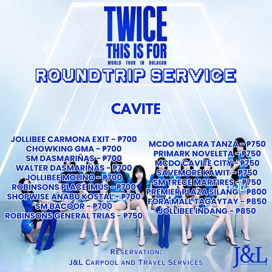 Hello, ONCEs! 💙🍭

Carpool ~ roundtrip service for TWICE &lt;THIS IS FOR&gt; WORLD TOUR IN BULACAN is ongoing!

📆 October 4, 2025
📍 Philippine Arena

BOOK HERE: forms.gle/wVAngWnrpBgWGR…

Quezon Batangas Laguna Cavite #TWICE #TWICE_THISISFOR_WORLD_TOUR #THISISFORINBULACAN #THISISFOR