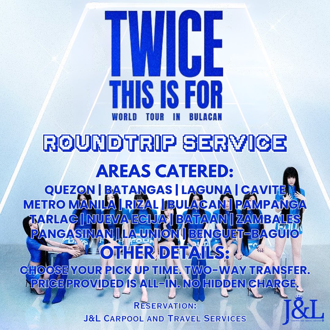 jandlcarpool's tweet photo. Hello, ONCEs! 💙🍭

Carpool ~ roundtrip service for TWICE <THIS IS FOR> WORLD TOUR IN BULACAN is ongoing!

📆 October 4, 2025
📍 Philippine Arena

BOOK HERE: https://t.co/zwdMAyaHll

Quezon Batangas Laguna Cavite #TWICE #TWICE_THISISFOR_WORLD_TOUR #THISISFORINBULACAN #THISISFOR https://t.co/KmY9KriqBY