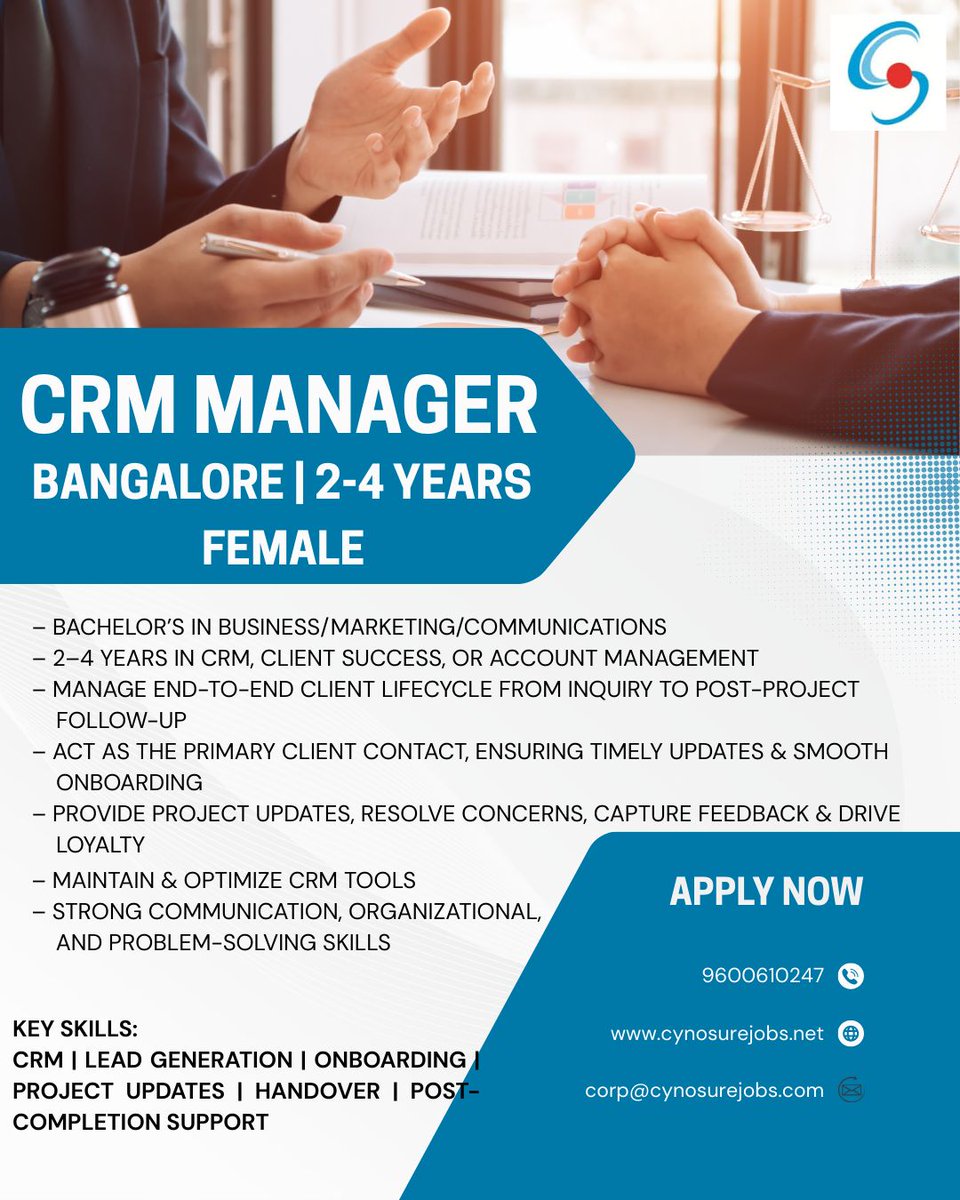 cynosurejobs's tweet image. Hello Everyone,

We are hiring a CRM Manager with 2-4 years of experience.
Location: Bangalore
 
Apply now: lnkd.in/g8eYj6xD 
Email: corp@cynosurejobs.com
Contact: 9600610247 

#CRMManager #CustomerRelationshipManagement #CustomerSuccess #HiringNow #CRMCareers #Females