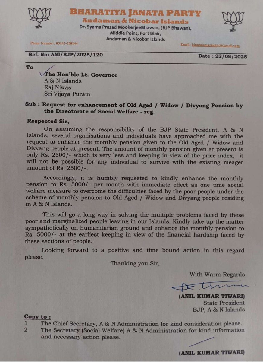 JijithBJP's tweet image. “Voice of the Voiceless ✊”
Shri Anil Kumar Tiwari ji,
State President BJP A&amp;amp;N Islands
⚡ Demanding Pension Hike from ₹2500 ➝ ₹5000
for Old Aged, Widows &amp;amp; Divyang on humanitarian grounds.

BJP Stands With the Poor &amp;amp; Marginalized.
#Andaman #BJPForPeople

@narendramodi
@AmitShah