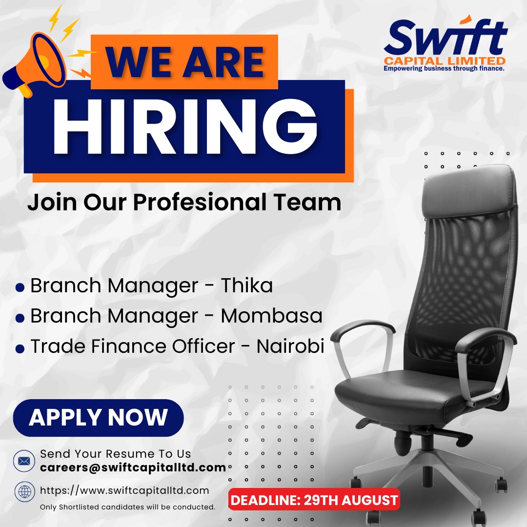capital_swift's tweet image. We are hiring, are a qualified Manager in commercial sector? We are looking for you! Share your updated resume through careers@swiftcapitalltd.com.
Only shortlisted candidates will be contacted.
swiftcapitalltd.com