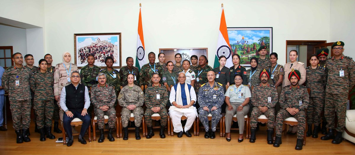 SpokespersonMoD's tweet photo. Raksha Mantri Shri @rajnathsingh interacted with women officers from 15 nations alongside India, at United Nations Women Military Officers Course, today in New Delhi. He reaffirmed India’s support for gender parity in @UNPeacekeeping, lauded women’s role in building trust & security, and unveiled the @UN Journal 2025 - ‘Blue Helmet Odyssey: 75 Years of Indian Peacekeeping’.  #UNWMOC2025

Read here: https://t.co/sPMB7L80Vq