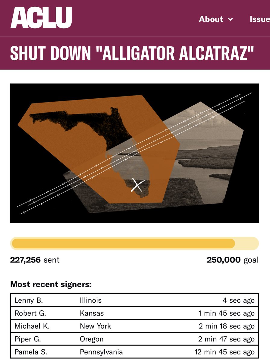 ZenGrrrl47's tweet photo. Suck it, Ronnie.

Contributions to the ACLU for its lawsuit to shut down the #florida #alligatoralcatraz #concentrationcamp are coming from all over the USA.

ICYMI, a federal judge ordered the center closed and everything on the site be removed in 60 days. Appeal pending. https://t.co/4a0EKggsGa