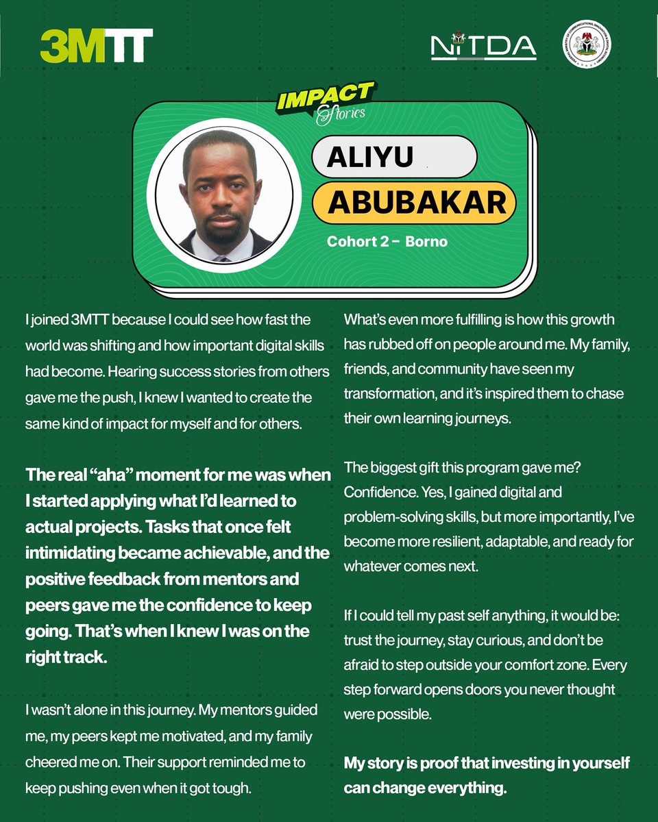 3MTTNigeria's tweet photo. Aliyu joined 3MTT because he saw where the world was going- digital. But what he didn’t expect was how much the program would reshape not just his skills, but his confidence, mindset, and even the people around him.
#3MTTimpactstories #techtalents https://t.co/Q0LBfq4Kfc