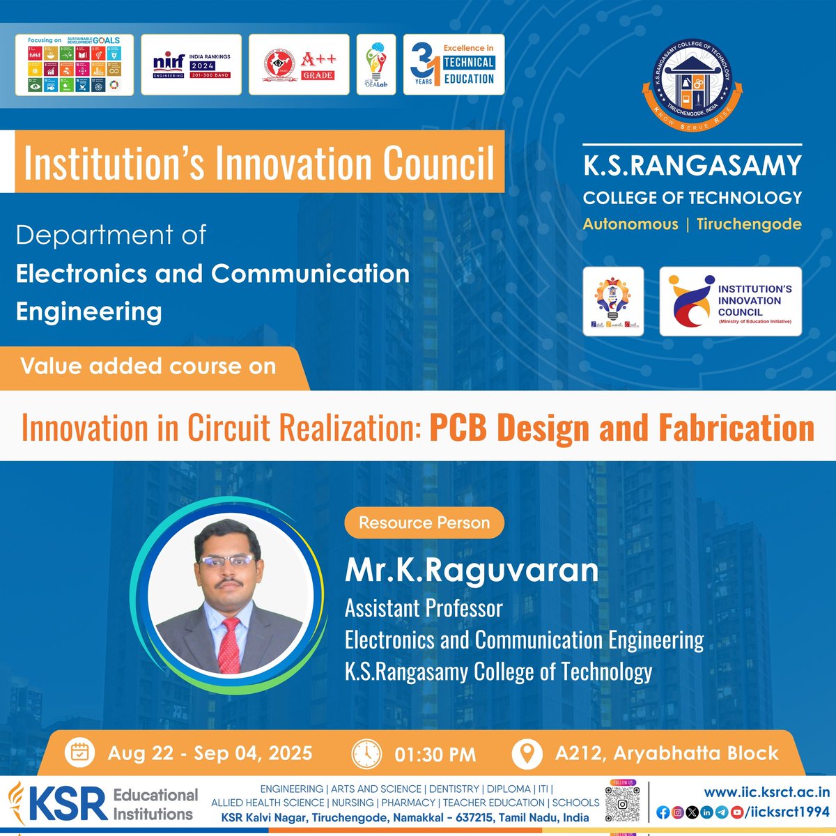 iicksrct1994's tweet photo. Department of Electronics and Communication Engineering, KSRCT is conducting Value-Added Courses in various specialized domains from August 22, 2025, to September 04, 2025. 

#iicksrct1994 #ksrct1994 #ksr #ksrei #IndustryRecuirements #ECE #ValueAddedCourses #AcademicLearning https://t.co/lBTzKMuFKm