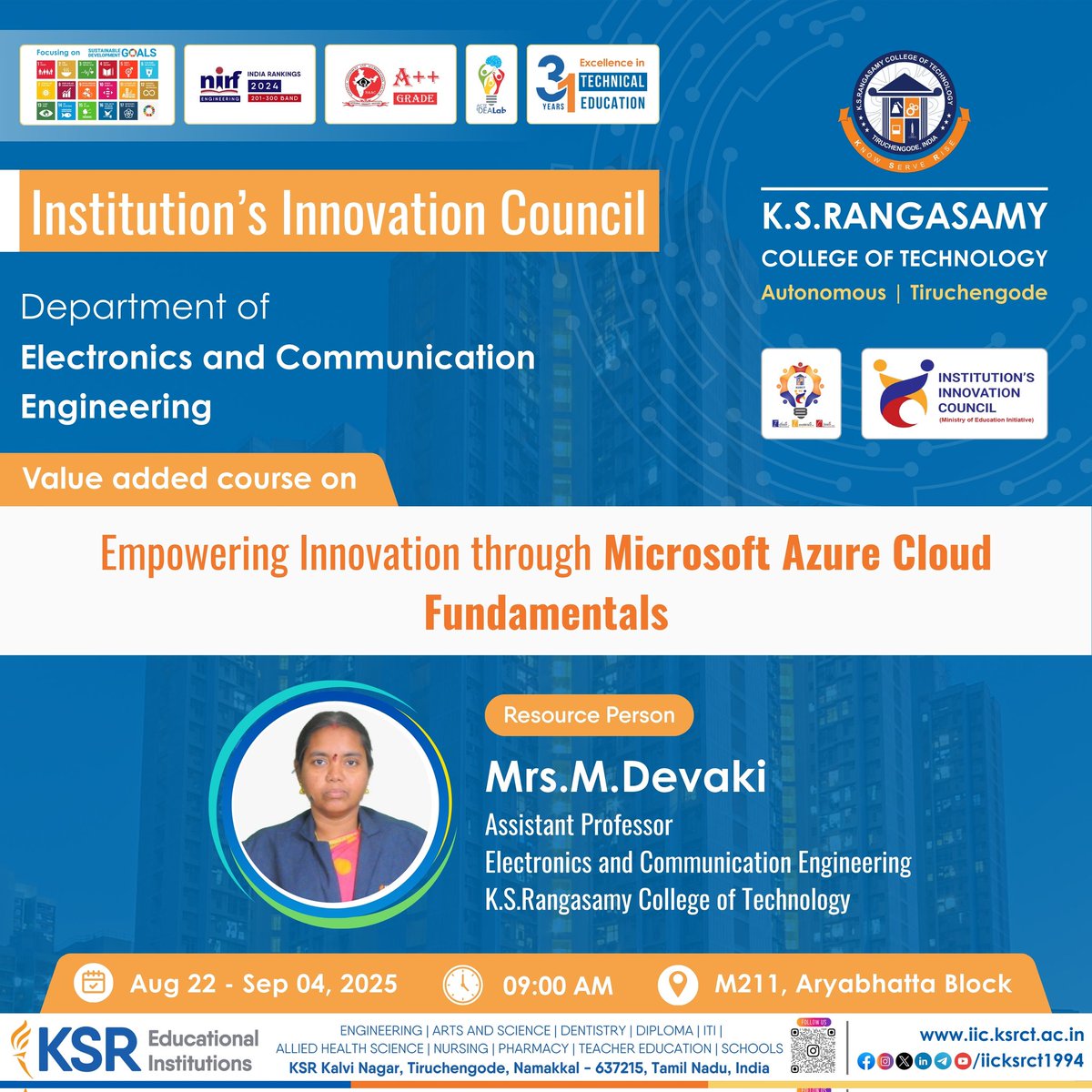 iicksrct1994's tweet photo. Department of Electronics and Communication Engineering, KSRCT is conducting Value-Added Courses in various specialized domains from August 22, 2025, to September 04, 2025. 

#iicksrct1994 #ksrct1994 #ksr #ksrei #IndustryRecuirements #ECE #ValueAddedCourses #AcademicLearning https://t.co/lBTzKMuFKm