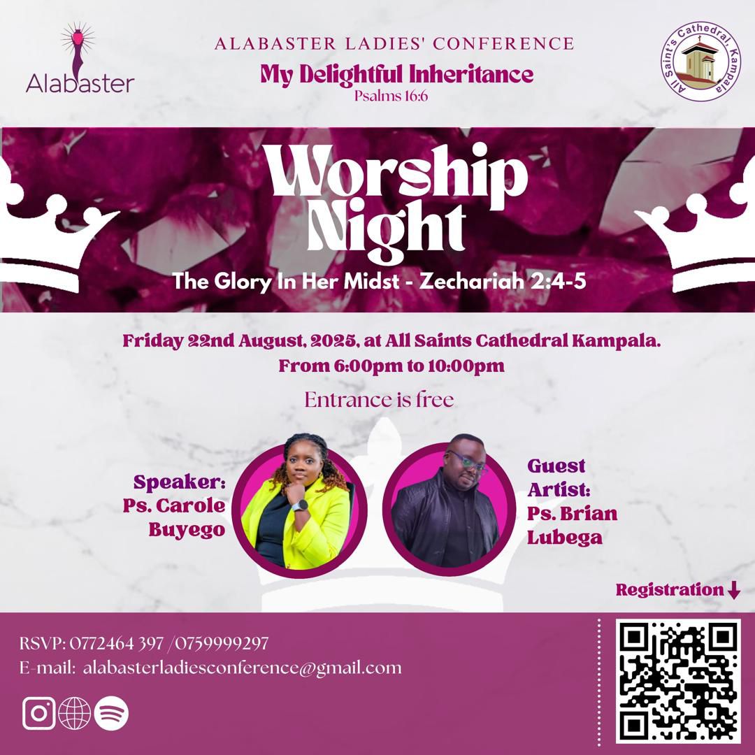 🌸 DAY 8️⃣ - WORSHIP NIGHT 🌸

Theme: The Glory in her midst - Zechariah 2:4-5
Speaker - Ps. Carole Buyego
Guest Artist - Ps. Brian Lubega
When: - TODAY🎷🥁
Time - 6:00pm - 10:00pm

Come let us fellowship together 🥳🥳🥳

#Alabaster2025 #WorshipNight #MyDelightfulInheritance