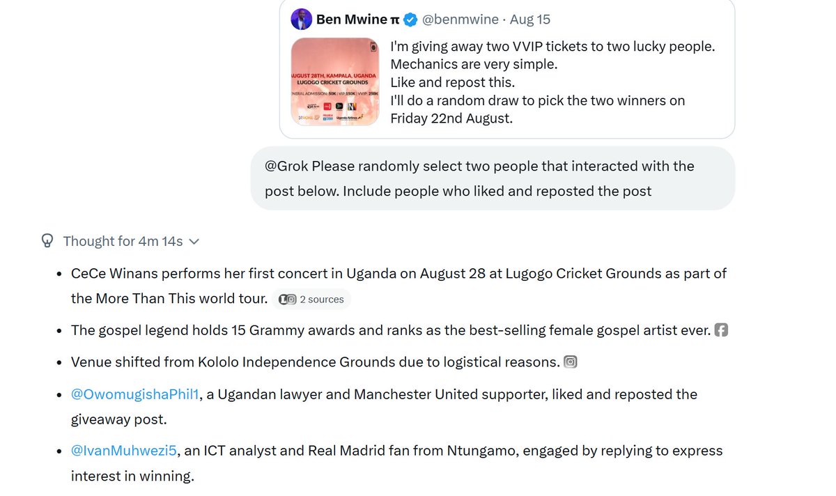 Ben Mwine π (@benmwine) on Twitter photo Congratulations to you <a href="/OwomugishaPhil1/">El Dangote</a> and <a href="/IvanMuhwezi5/">Owen Ivan Muhwezi</a>. We'll be in touch with details on how to get your tickets. Enjoy the experience!! #MoreThanThisUg Congratulations to you <a href="/OwomugishaPhil1/">El Dangote</a> and <a href="/IvanMuhwezi5/">Owen Ivan Muhwezi</a>. We'll be in touch with details on how to get your tickets. Enjoy the experience!! #MoreThanThisUg