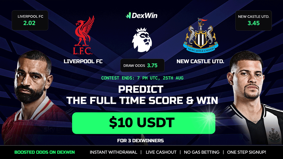 🏆DexWin Predict &amp; Win - #PremierLeague 🏆
<a href="/LFC/">Liverpool FC</a> vs <a href="/NUFC/">Newcastle United</a> 

🏅How to participate:⏬
1⃣Follow <a href="/DexWin_Sports/">DexWin Crypto Betting</a> 
2⃣❤️ + 🔁RT this post
3⃣ Comment the FULL Time Score + Tag 2 Friends🌟
⚡️Only 1 entry per account. Multiple entries will be disqualified.

🏆3 Lucky Winners get $10 USDT