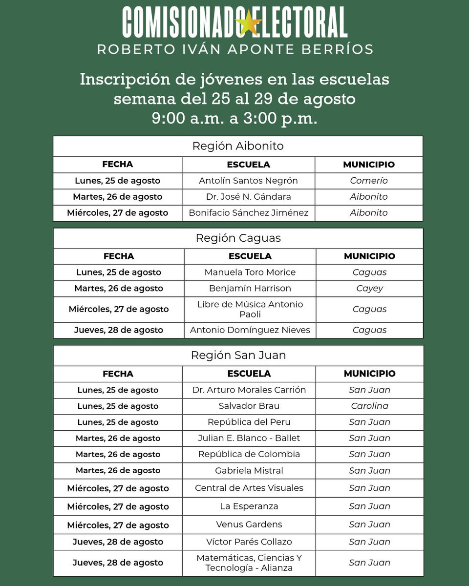 La CEE continúa visitando escuelas alrededor de Puerto Rico para inscribir a quienes aún no lo han hecho. Aquí el calendario de la semana del 25 al 29 de agosto, de 9:00 a.m. a 3:00 p.m.