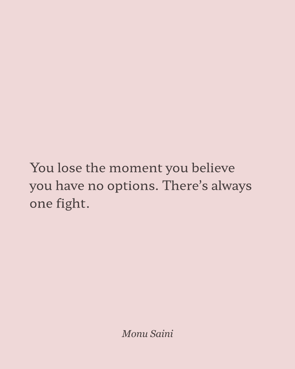 MonuSai9's tweet photo. You lose the moment you believe you have no options.

There's always one fight.

Defeat = decision
Not = destination

When you think you're out of options, you're just out of creativity.

Find the fight.

#Options #Fight #Defeat #Choice https://t.co/kbp3vkgEXn