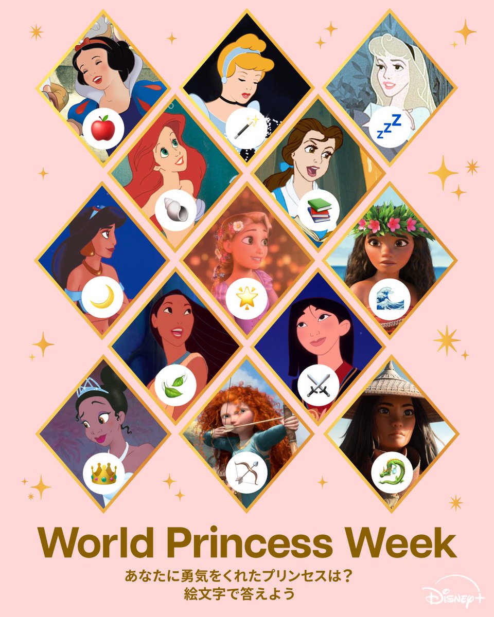 ━━━━━━━━━━━━ 公式的な絵文字はコレらしい！ 🍎白雪姫 🪄シンデレラ 💤オーロラ姫 🐚アリエル 📚️ベル 🌙ジャスミン  🍃ポカホンタス ⚔️ムーラン 👑ティアナ 🌟ラプンツェル 🏹メリダ 🌊モアナ 🐉ラーヤ, image size:960x1200