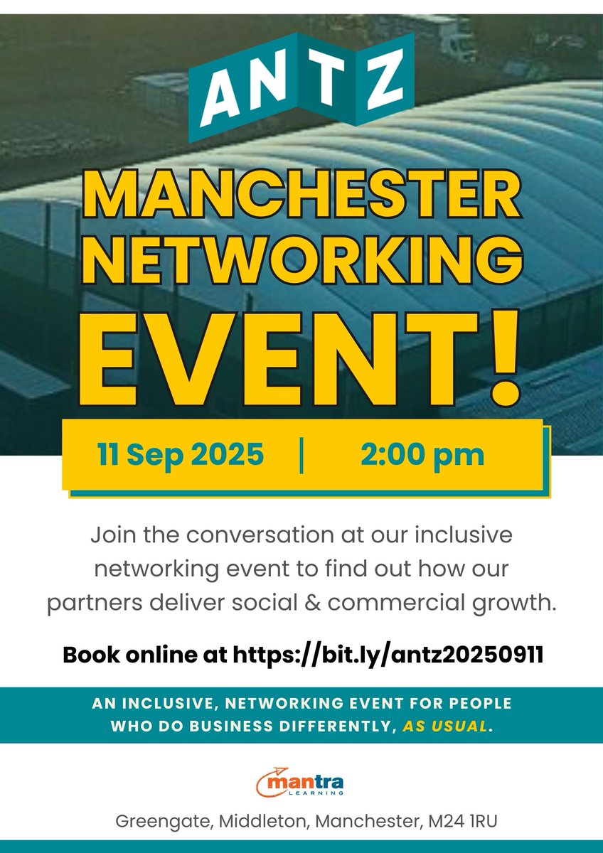 #ManchesterNetworkingEvent!

ANTZ #Networking at <a href="/mantralearning/">Mantra Learning</a> (M24 1RU) on 11 Sep from 2 pm.

Learn how ANTZ network partners do business differently to grow commercially &amp; deliver #SocialImpact locally.

#BookNow bit.ly/antz20250911.

#SocialValue #NetworkingWorks