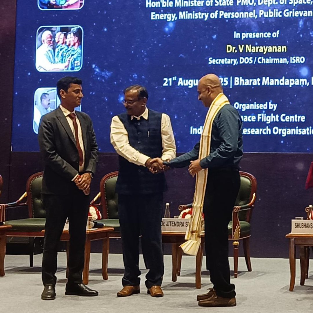 IISc faculty Pradipta Biswas &amp; Sandeep M Eswarappa were honoured by ISRO chairman Dr V Narayanan during the felicitation programme for Gaganyatri and Axiom-04  mission team, held in New Delhi on Thursday (Aug 21).
<a href="/SandeepME_IISc/">Sandeep M Eswarappa</a>