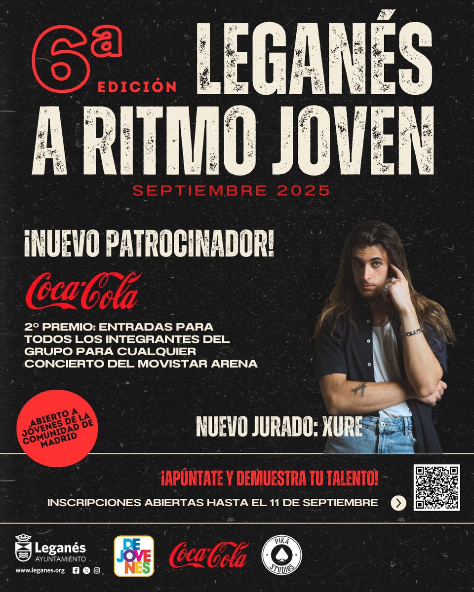 🎸🎶 #Leganés a Ritmo Joven cuenta con nuevo patrocinador ‼️
🥤 <a href="/CocaCola_es/">Coca-Cola España</a> entregará el 2º PREMIO, entradas para un concierto en el <a href="/MovistarArenaEs/">Movistar Arena España</a> 
⚖️ Y <a href="/Xuremusic/">Xure</a> será nuevo miembro del jurado 
✍️ INSCRÍBETE y comparte tu música y podrás tocar en las Fiestas de San Nicasio