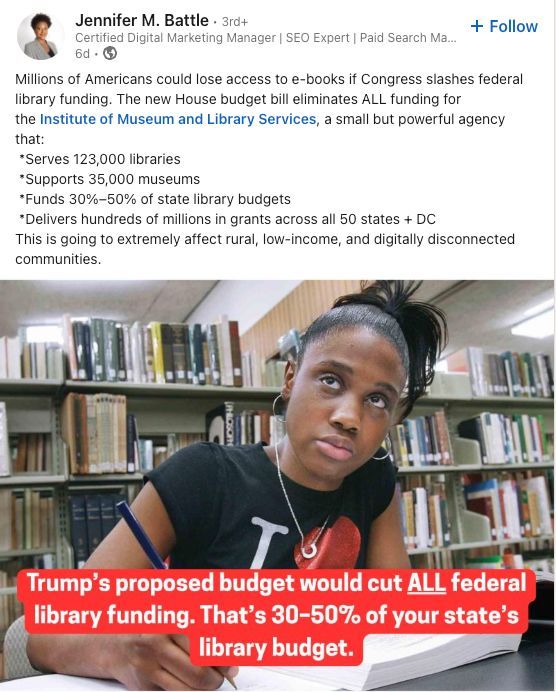 EveryLibrary's tweet image. Take action here - action.everylibrary.org/budget2026imls