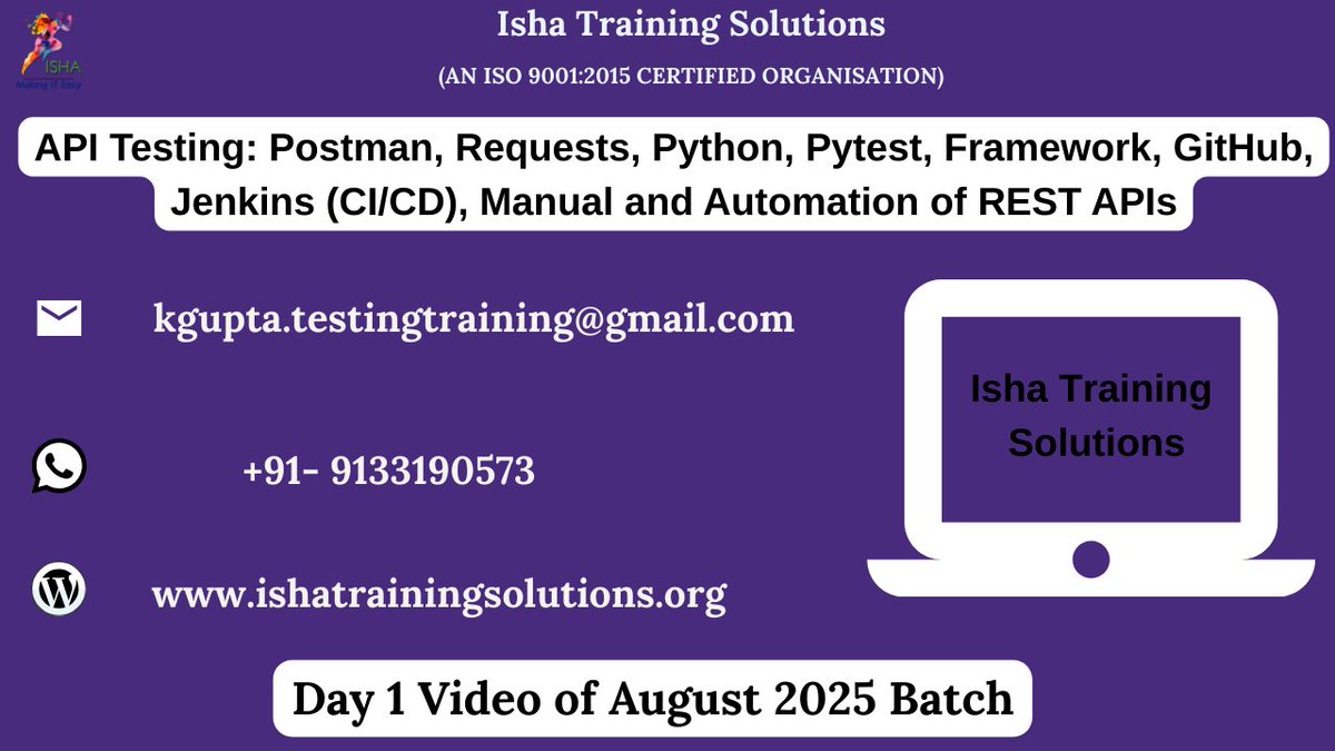 IshaKumargupta's tweet image. "API Testing: Requests,Python”-Day1 Video
youtu.be/kInRG8KuHE8
Enrollments are still in progress
Regular sessions will start from:
21st August@9PM(IST)/21st August@11:30AM(EST)
Price: 6,900 INR/89 USD
WhatsApp@+91-9133190573
ishatrainingsolutions.org/courses/api-te…
#APITesting #PythonRequests
