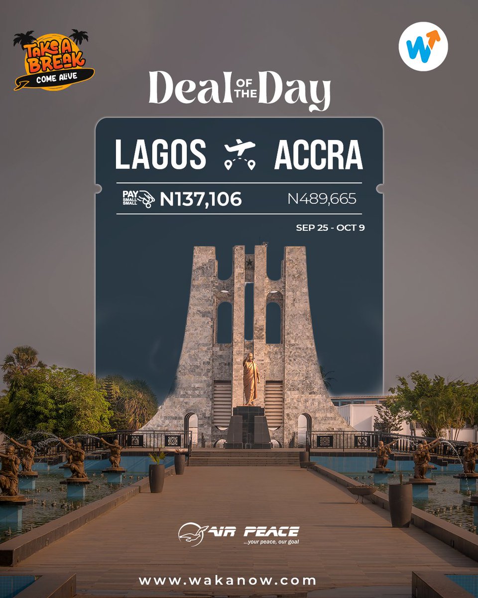 Travel from Lagos to Accra with our flight offer.

Visit wakanow.com or download the Wakanow App now to book.

Let’s Go!

#wakanow #ComeAlive #Accra #Lagos