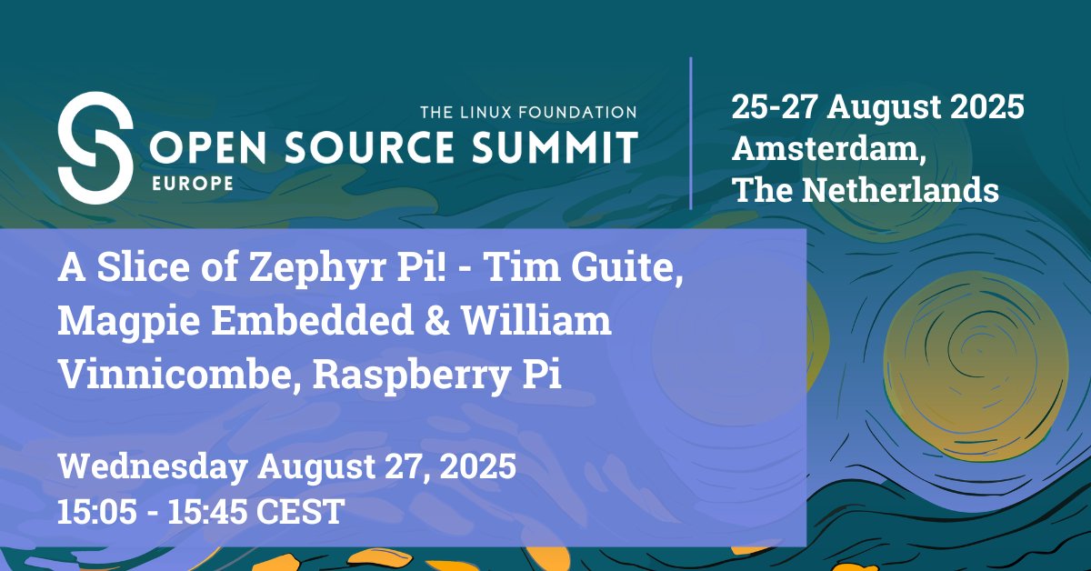 At #OSSummit + #ZDS2025 Europe, Tim Guite (Magpie Embedded) &amp; William Vinnicombe (<a href="/Raspberry_Pi/">Raspberry Pi</a>) present: A Slice of Zephyr Pi! 
Exploring Zephyr support for Raspberry Pi MCUs (RP2040 &amp; RP2350), PIO, Rust, RISC-V &amp; open-source apps built with Zephyr + Pi. hubs.la/Q03DHlfM0