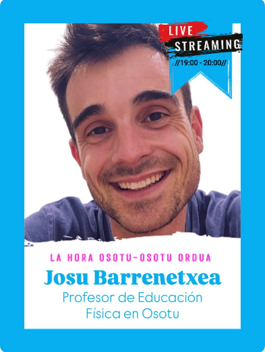 Hoy a las 19h, nuevo directo de La Hora Osotu. Hoy nos acompañará Josu y hablaremos de patios activos, de competencia motriz y de modelos pedagógicos aplicados a la educación física.

<a href="/BegonaPedrosa/">Begoña Pedrosa</a> <a href="/Imanol_Pradales/">Imanol Pradales</a> <a href="/Gob_eus/">Eusko Jaurlaritza - Gobierno Vasco</a> <a href="/hezkuntzaEJGV/">Hezkuntza Saila - Departamento de Educación</a>
#osotuonada #osotuhuelgahambre