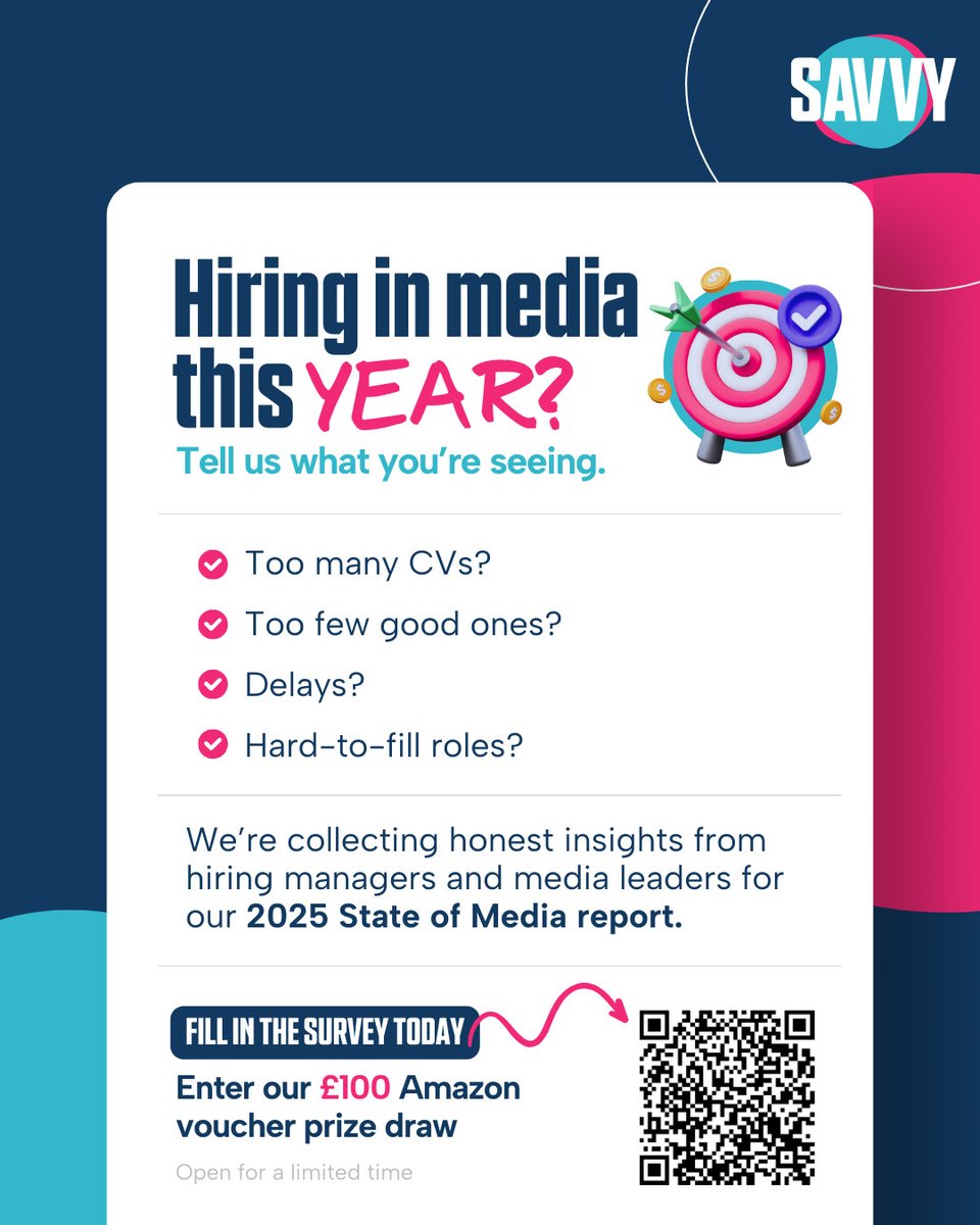 SAVVYmediaRec's tweet photo. 📣 Hiring in UK media? 

Help shape the 2025 Savvy State of Media Report on hiring, retention &amp; culture.

✅ Share challenges 
✅ What’s working 
✅ Benchmark vs market 
🎁 Win a £100 Amazon voucher

👉 Survey here: https://t.co/7ellkEGQFf

#BeSavvy #MediaHiring #UKMedia https://t.co/rowdkKuLLW