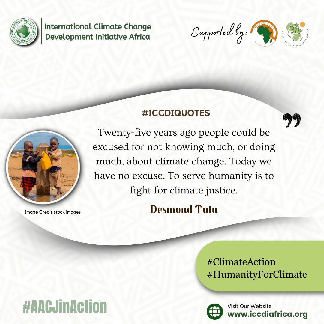 ClimateWed's tweet photo. Twenty-five years ago people could be excused for not knowing much, or doing much, about climate change. Today we have no excuse. To serve humanity is to fight for climate justice.” — Desmond Tutu
#ClimateAction #HumanityForClimate #AACJinAction https://t.co/K9CRGHtLBV