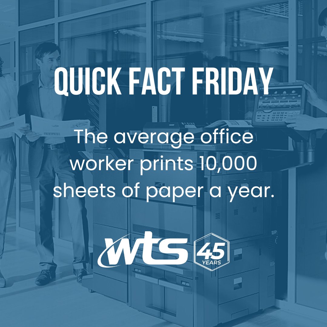 wactel's tweet image. It's #QuickFactFriday!

Did you know? The average office worker prints 10,000 sheets of paper a year—that’s a lot of paper (and money!) going out the door.

Managed Print Services (MPS) help track, reduce, and manage your printing habits, saving both money and trees. 

Contact us