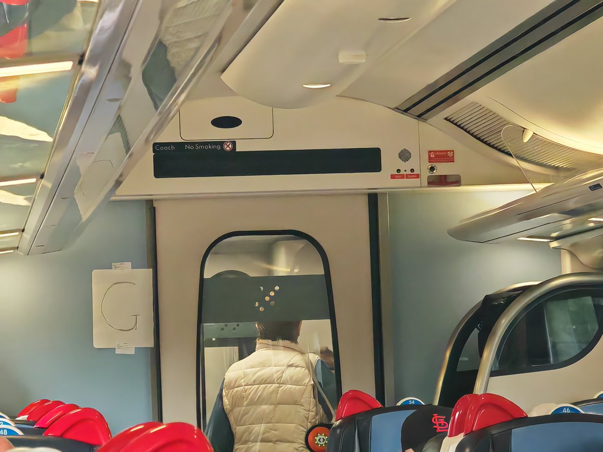 ajt202's tweet photo. @EastMidRailway what's the problem? In the 1100 from Sheffield, last train cancelled, this train rammed, people can't get seats that have reservations, the coach is represented by this sign and you have a VERY annoying alarm going off every 20 to 40 seconds. https://t.co/5G9k9DlVBb