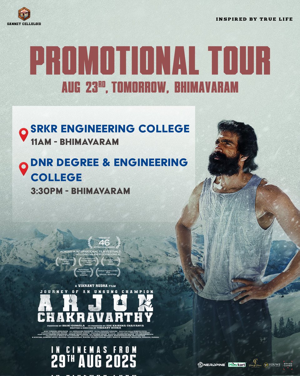 Team #ArjunChakravarthy is gearing up for a whirlwind promotional tour tomorrow in Bhimavaram ❤️

Check out the schedule below and welcome the team with all your love💥

-- youtu.be/cIjalN86LZE

#ArjunChakravarthyOnAUG29th 

<a href="/vijayaramaraju_/">Vijaya Rama Raju</a> <a href="/vikrantrudra7/">Vikrant Rudra</a> #SijaaRose