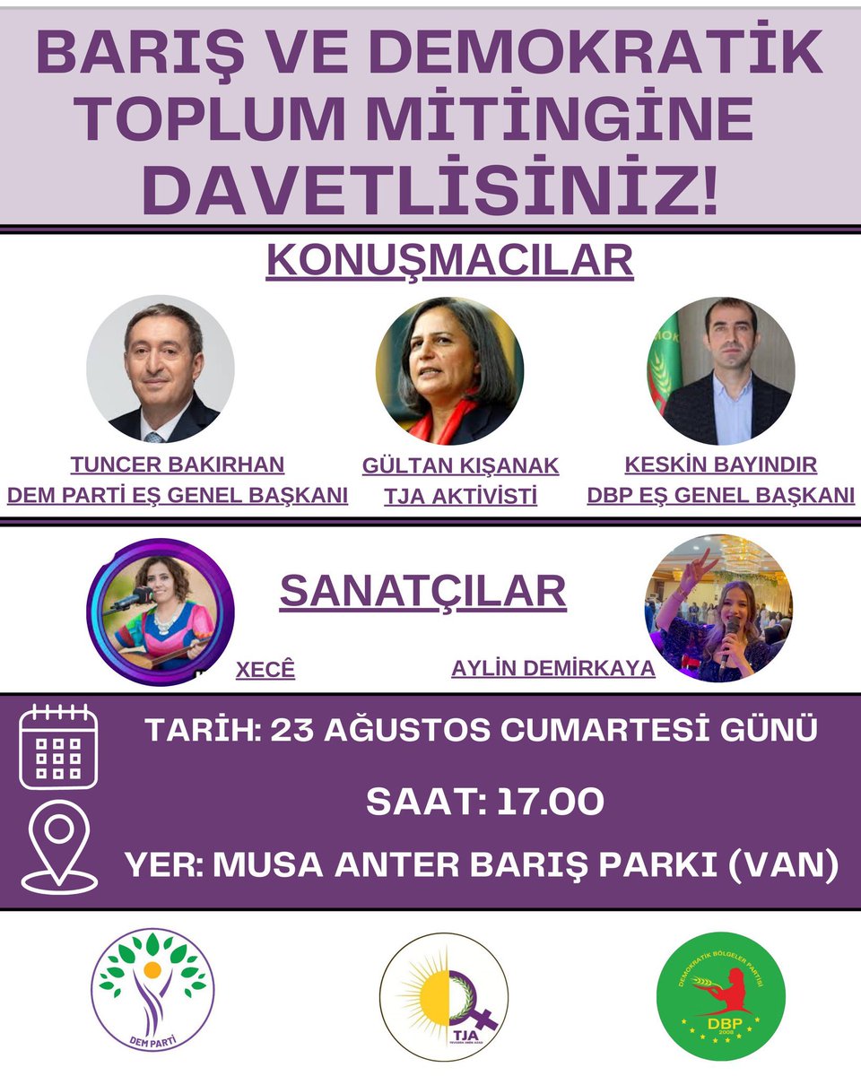 Sibe saet 17.00 an  li Parqa Musa Anter
emê bi hevra banga aşîtî û demokrasîyê bilind bikin. ✌️
<a href="/dbp_wan/">DBP WAN</a> <a href="/DEMPartiWan/">DEM PARTİ WAN</a> <a href="/tja_wan/">TJA WAN (Tevgera Jinên Azad)</a>