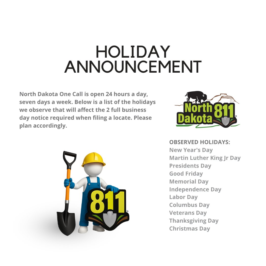 Monday, September 1, (#LaborDay) will not count towards your standard notice required when filing a locate request, so please plan accordingly.