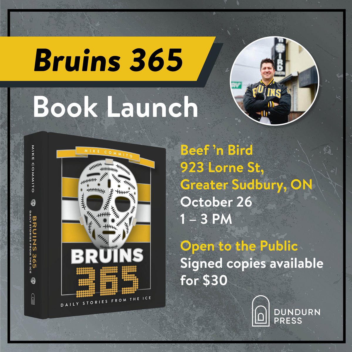 Mark your calendars! I’m launching Bruins 365 on Oct. 26 at the most fitting place I could imagine, the Beef ‘n Bird. Pop by anytime between 1-3pm that day to get a signed copy. Stick around to enjoy some Beef refreshments and watch some football #Bruins365 #NHLBruins