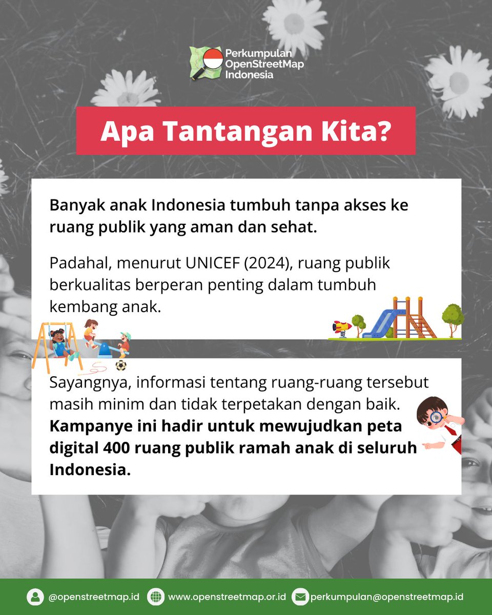 OSM_ID's tweet image. 🌍 Call for Action! 🚀

Ikut campaign memetakan 400 Ruang Publik Ramah Anak di Indonesia bersama OSM Indonesia.
📍 Bantu wujudkan ruang aman &amp;amp; inklusif untuk tumbuh kembang anak-anak kita 💚

👉 Join: campaign.com/challenge/id/C…

#CallForMappers #MappingForKids
