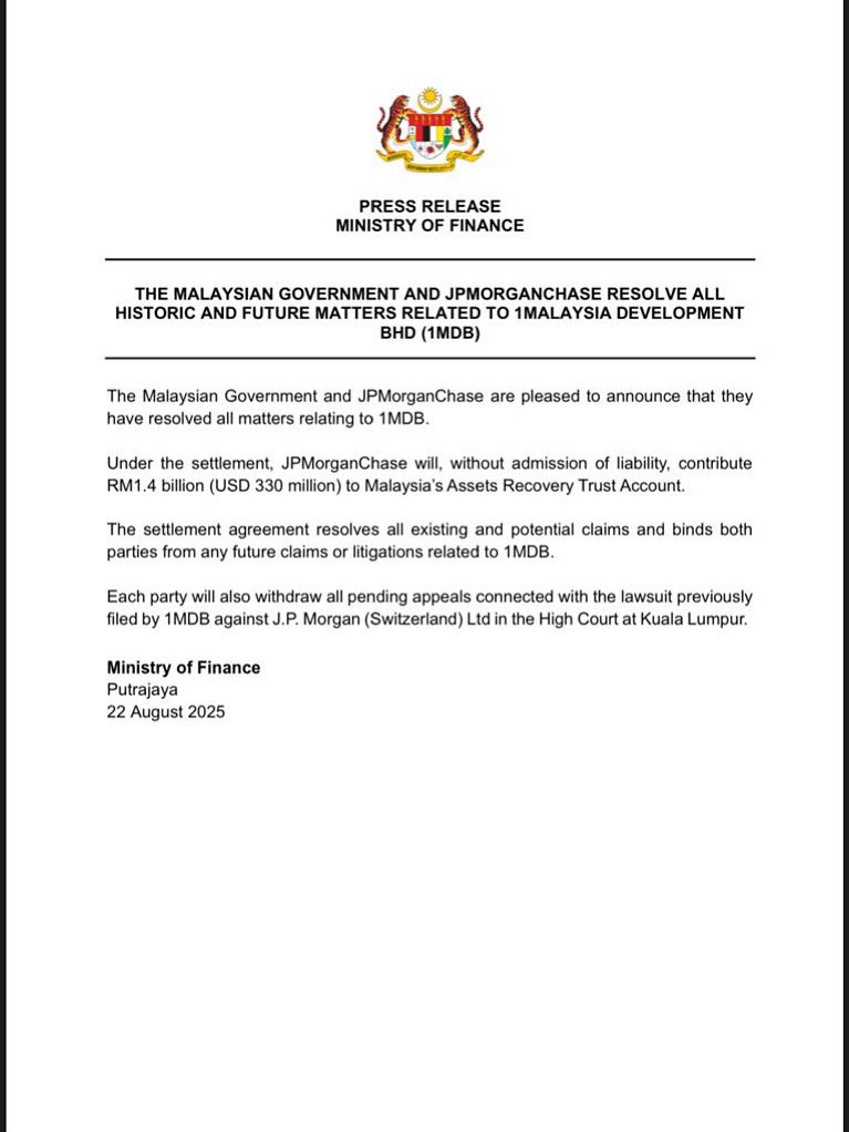SIARAN MEDIA BERKENAAN THE MALAYSIAN GOVERNMENT AND JPMORGANCHASE RESOLVE ALL HISTORIC AND FUTURE MATTERS RELATED TO 1MALAYSIA DEVELOPMENT BHD (1MDB)