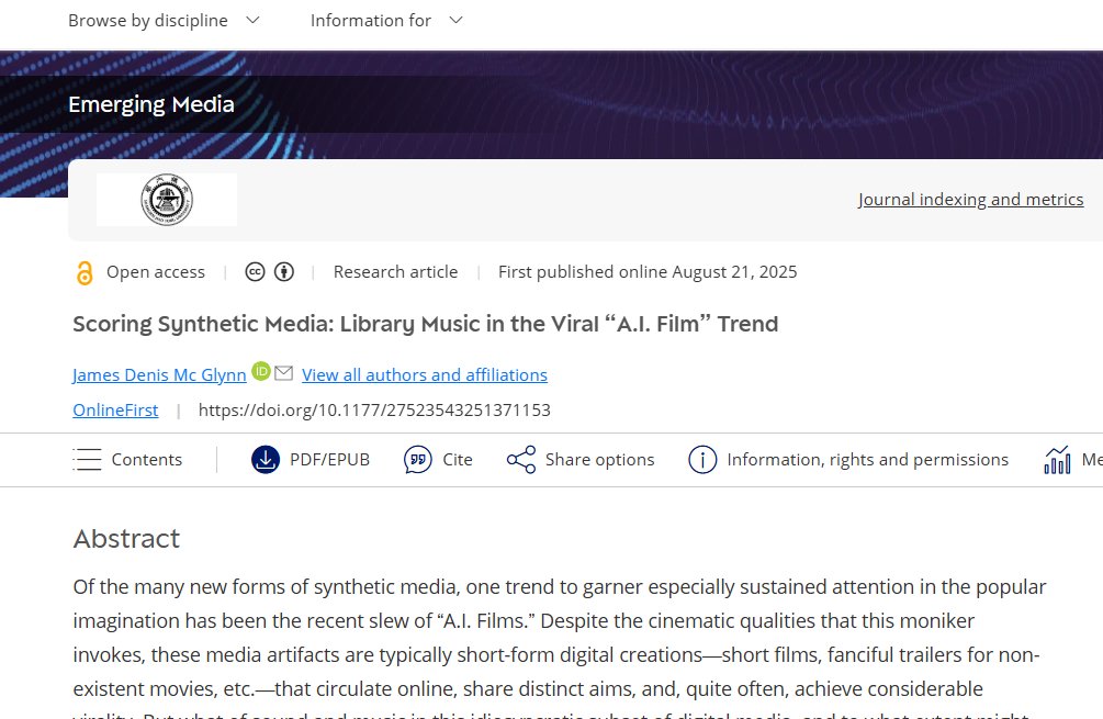 My latest article “Scoring Synthetic Media: Library Music in the Viral ‘A.I. Film’ Trend” has been published in Emerging Media (<a href="/SageJournals/">Sage Journals</a>)—and it is open-access!

Heartfelt thanks to my peer-reviewers and everyone who offered feedback on this research

doi.org/10.1177/275235…