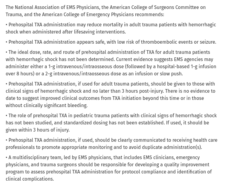 Tranexamic acid in trauma: A joint position statement and resource document of NAEMSP, ACEP, and ACS-COT

CCR Journal Watch - tracking the critical care literature daily
criticalcarereviews.com/latest-evidenc…