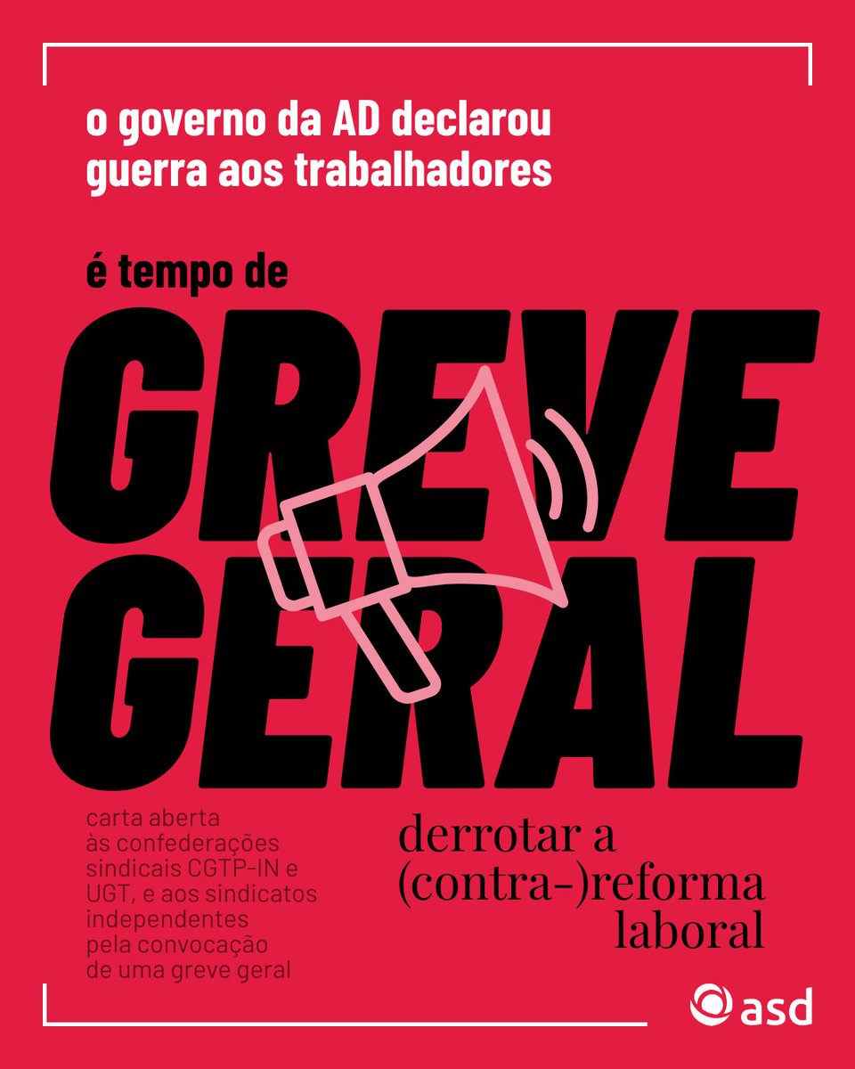 📢 Apelo público: É tempo de GREVE GERAL

Às confederações sindicais CGTP-IN e UGT, e aos sindicatos independentes pela convocação de uma greve geral contra o governo da AD e as alterações ao Código do Trabalho.

“Uma Só Solução: AD fora do Governo!” +