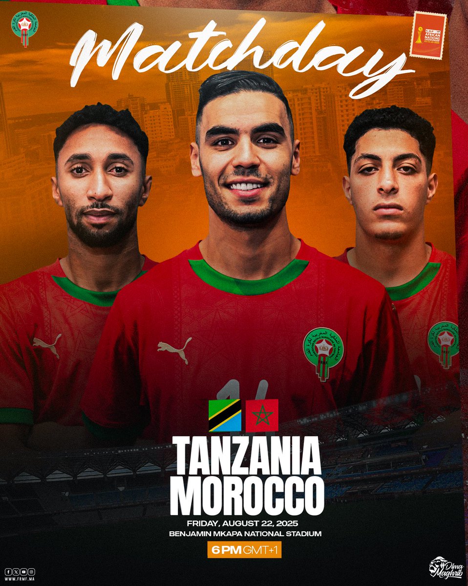 يــــــــــــــوم الـــــمـــــبـــــاراة ⚽
منتخبنا الوطني يواجه تنزانيا في دور ربع نهائي كأس إفريقيا للمحليين 💪🏻

𝑰𝒕’𝒔 𝒎𝒂𝒕𝒄𝒉𝒅𝒂𝒚 🇹🇿🇲🇦
Quarter-final time: Our #CHAN2024 game today 🆚 Tanzania

#DimaMaghrib
