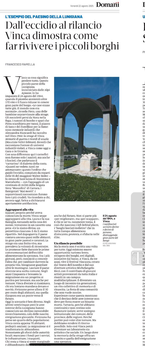 Il 24 agosto ricorre l'anniversario della strage nazi-fascista di Vinca. Stasera e domani sera in questo piccolo paese della Lunigiana si svolgerà un ricordo corale, grazie agli artisti e alla comunità di "Vincanta la memoria che resiste"