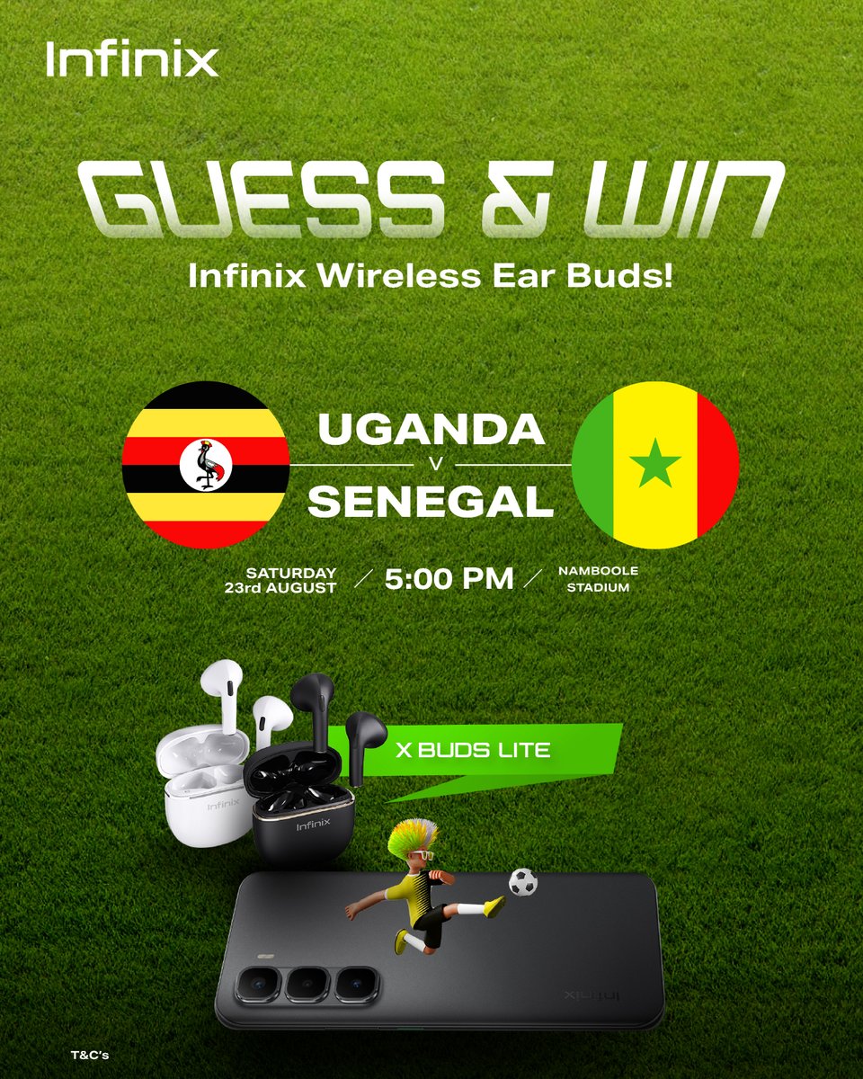 Predict the score and win with Infinix! Uganda 🇺🇬 vs Senegal 🇸🇳  
How to participate
1️⃣ Follow @InfinixmobileUg
2️⃣ Comment your score prediction on this post (before kick-off)
3️⃣ Tag 2 friends &amp; use #InfinixPredictAndWin
🏆8 lucky winners will be announced after the match!