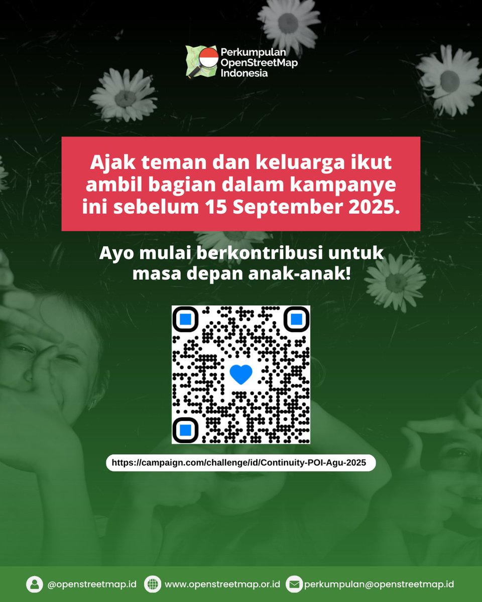 OSM_ID's tweet image. 🌍 Call for Action! 🚀

Ikut campaign memetakan 400 Ruang Publik Ramah Anak di Indonesia bersama OSM Indonesia.
📍 Bantu wujudkan ruang aman &amp;amp; inklusif untuk tumbuh kembang anak-anak kita 💚

👉 Join: campaign.com/challenge/id/C…

#CallForMappers #MappingForKids