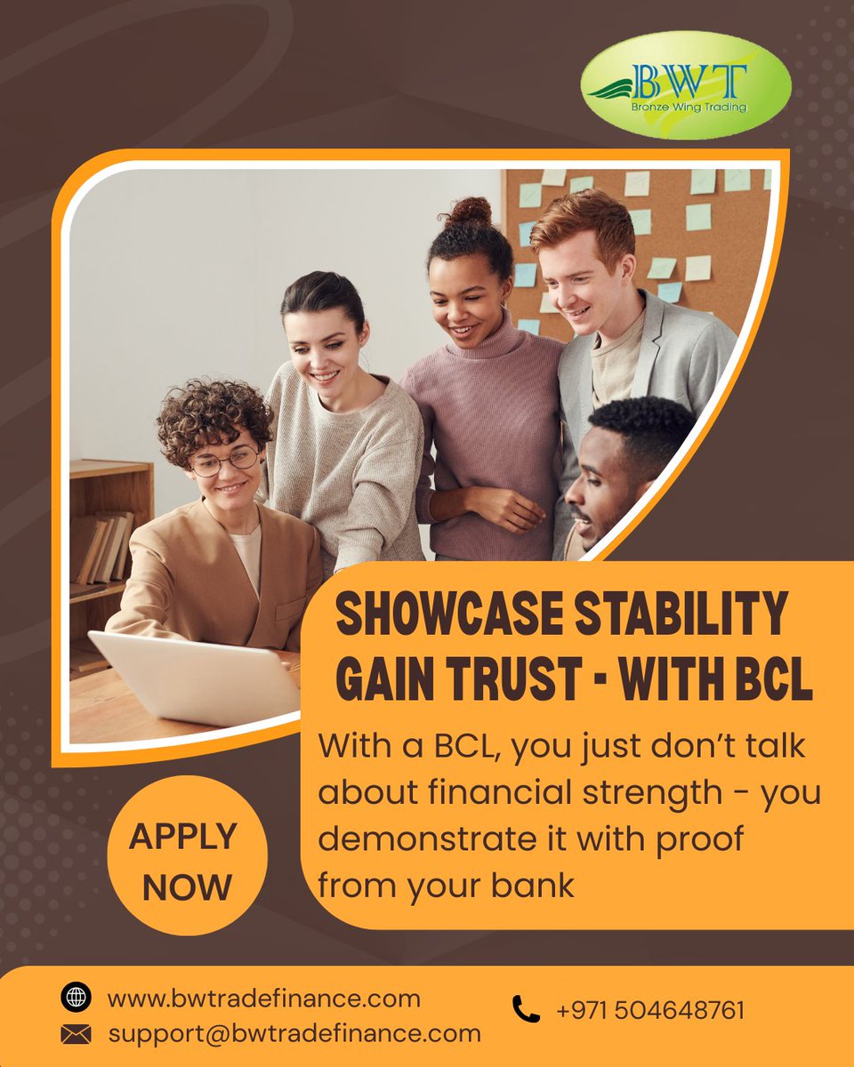 bwtradefinance's tweet photo. With a BCL, you don't just talk about financial strength-you demonstrate it with proof from your bank.

Apply Now:  
Website: https://t.co/aysf4yGHwD
Email: support@bwtradefinance.com Call/WhatsApp/Botim: +971 504648761 https://t.co/meyHL3XzrJ