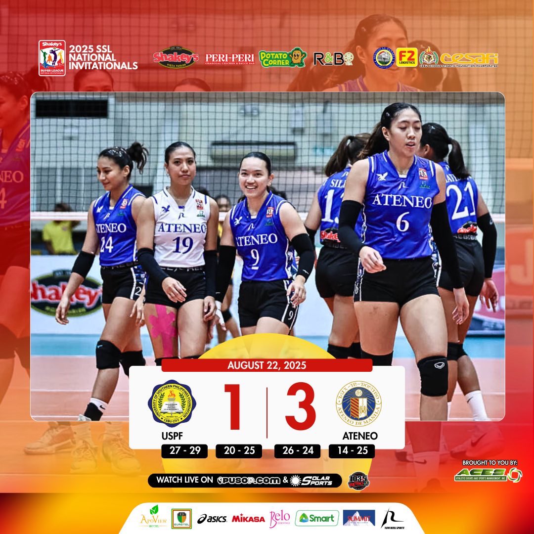 The Ateneo Blue Eagles defeated the University of Southern Philippines Foundation in four sets, 3–1 (29–27, 25–20, 24–26, 25–14), to open their #SSLMandaue campaign with a victory.

#shakeyssuperleague2024