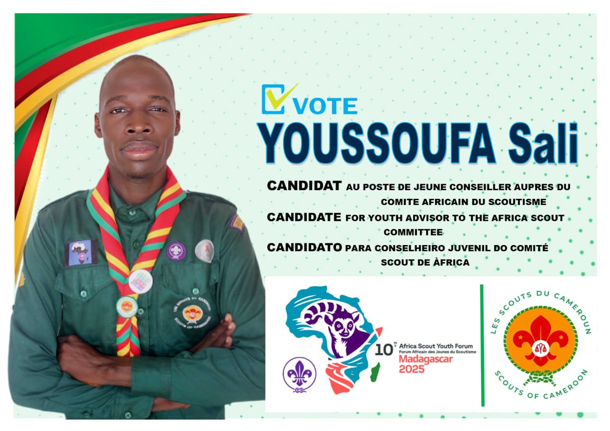 💪Support our candidate, Youssoufa Sali, for Youth Advisor to the Africa Scout Committee at the Africa Youth Forum in #Madagascar! A dedicated leader who champions the voice of youth. Vote for him! 
#WorldScouting 
#ScoutingInAfrica #AfricaYouthForum2025
#PutYoungPeopleFirst
