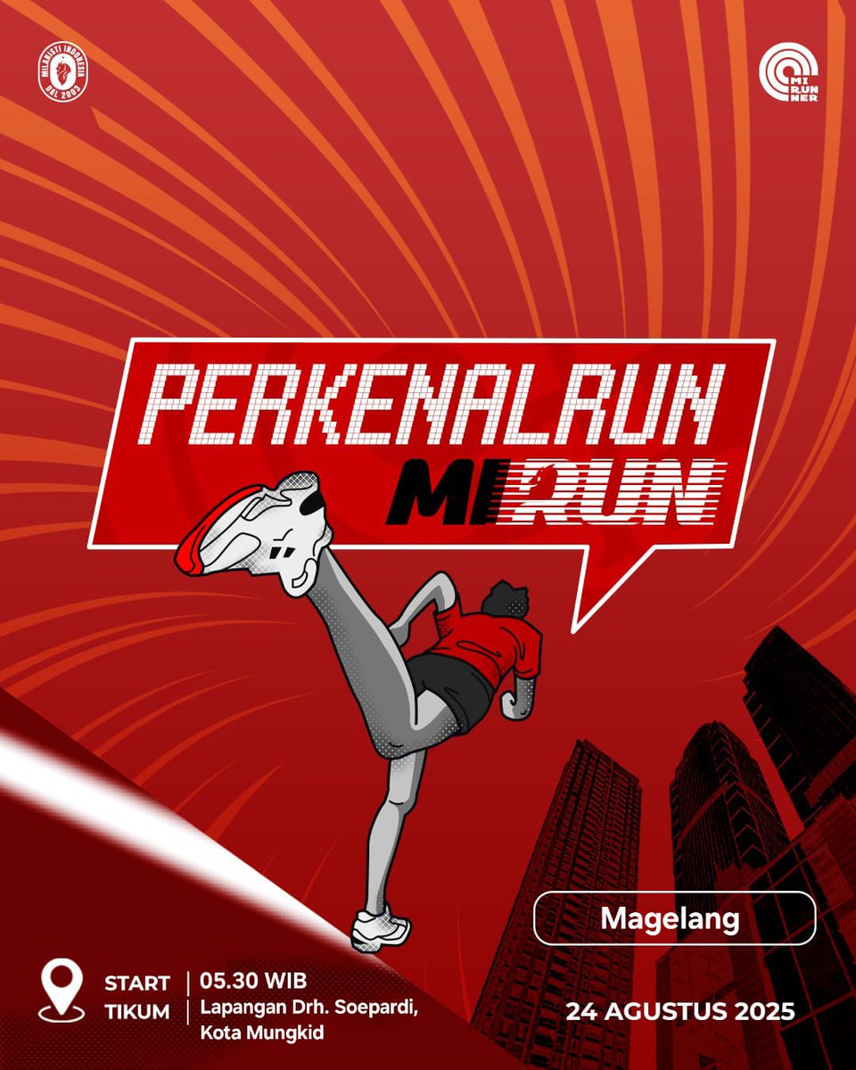 Hello runners!
Yuk yang mau lari bareng langsung saja gabung;

🗓️ Minggu, 24 Agustus 2025
🕠 Start 05:30 wib
📍 TiKum Lapangan Drh Soepardi, Kota Mungkid, Kabupaten Magelang
📱 CP Miftah 085643818323

#perkenalrun #mirun #mirunners #lari #funrun #milanistiindonesia #misezmagelang