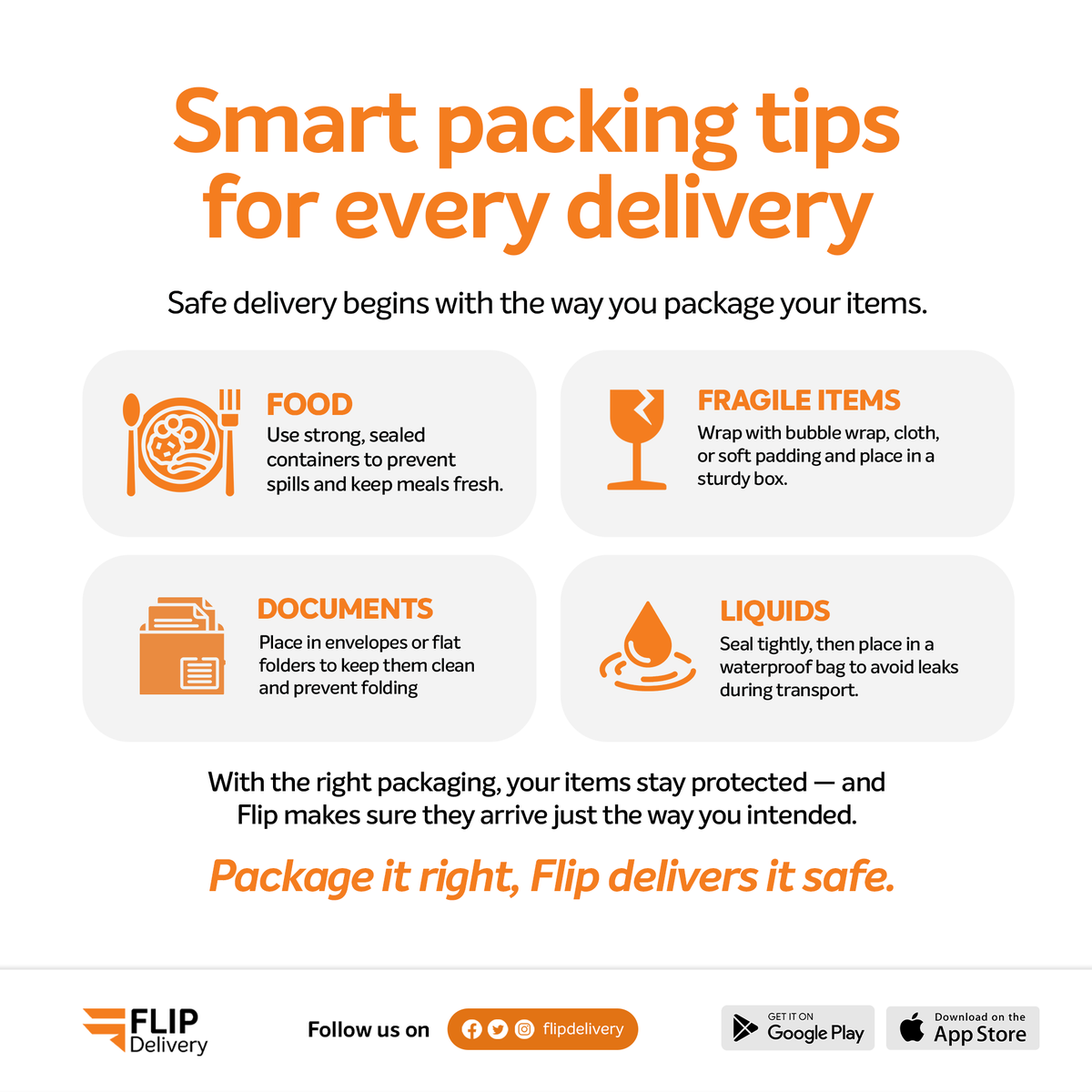 FlipDelivery's tweet photo. Safe delivery begins with smart packaging. 📦🍲 Wrap fragile items, seal food containers, flatten documents, and protect liquids with waterproof bags. Do your part — and Flip will take care of the rest. 🚴🏾✨
#FlipDelivery #SafeDelivery https://t.co/MfhaUjcacZ