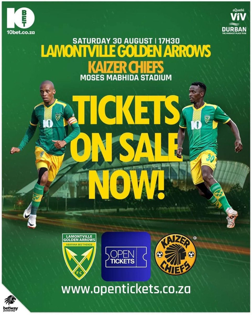 Lamontville Golden Arrows  vs Kaizer Chiefs FC.

Catch the match live @MosesMabhidaStadium | 
Kick off - 17H30pm

🎟️Tickets are ON SALE NOW for R80 via opentickets.co.za