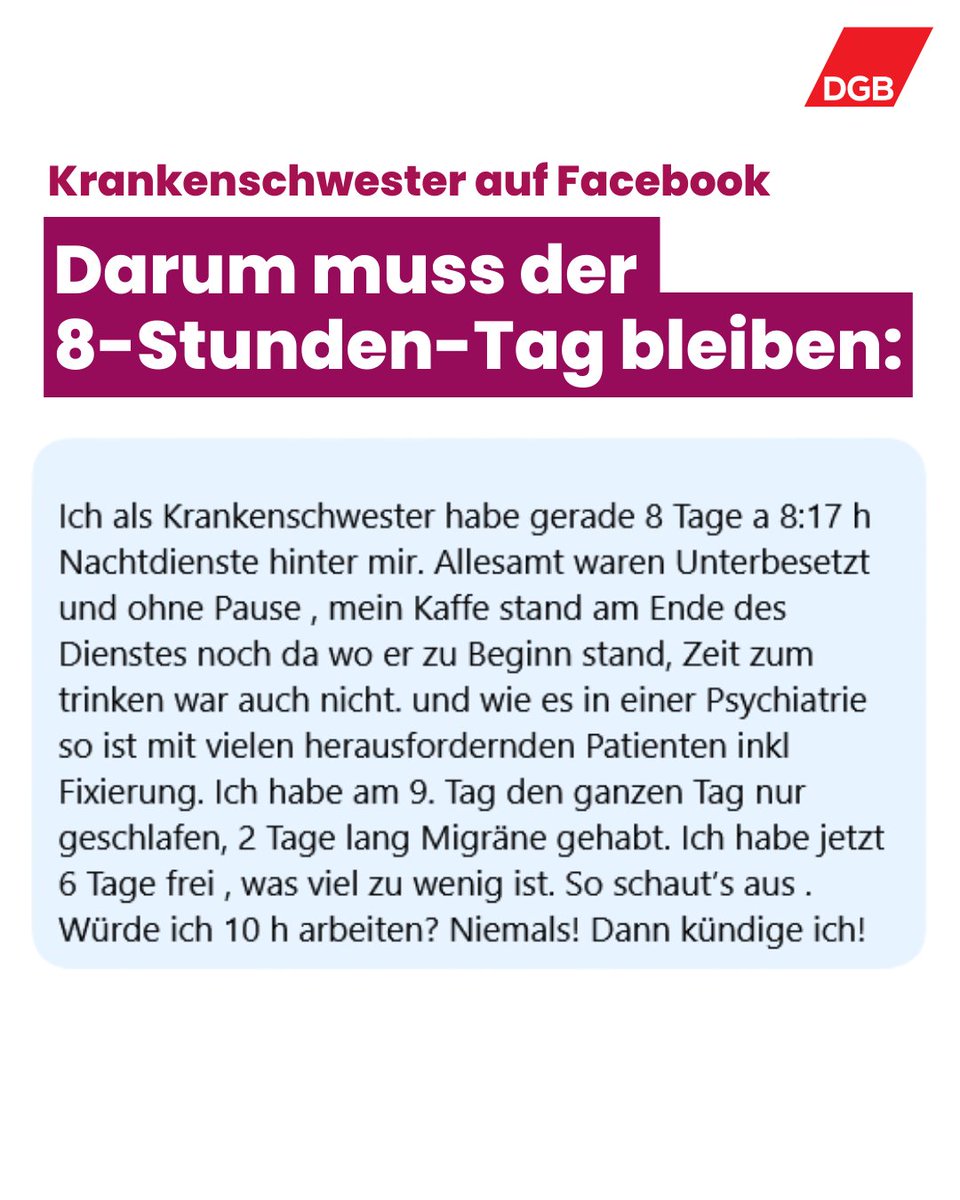 Die Abschaffung des #8hTag wäre ein Schlag in das Gesicht der Beschäftigten, die bereits jetzt am Limit sind. Überlastung ist in einigen Branchen leider Alltag. Eine entgrenzte Arbeitszeit würde diese Zustände verschlechtern. dgb.de/mitmachen/kamp…