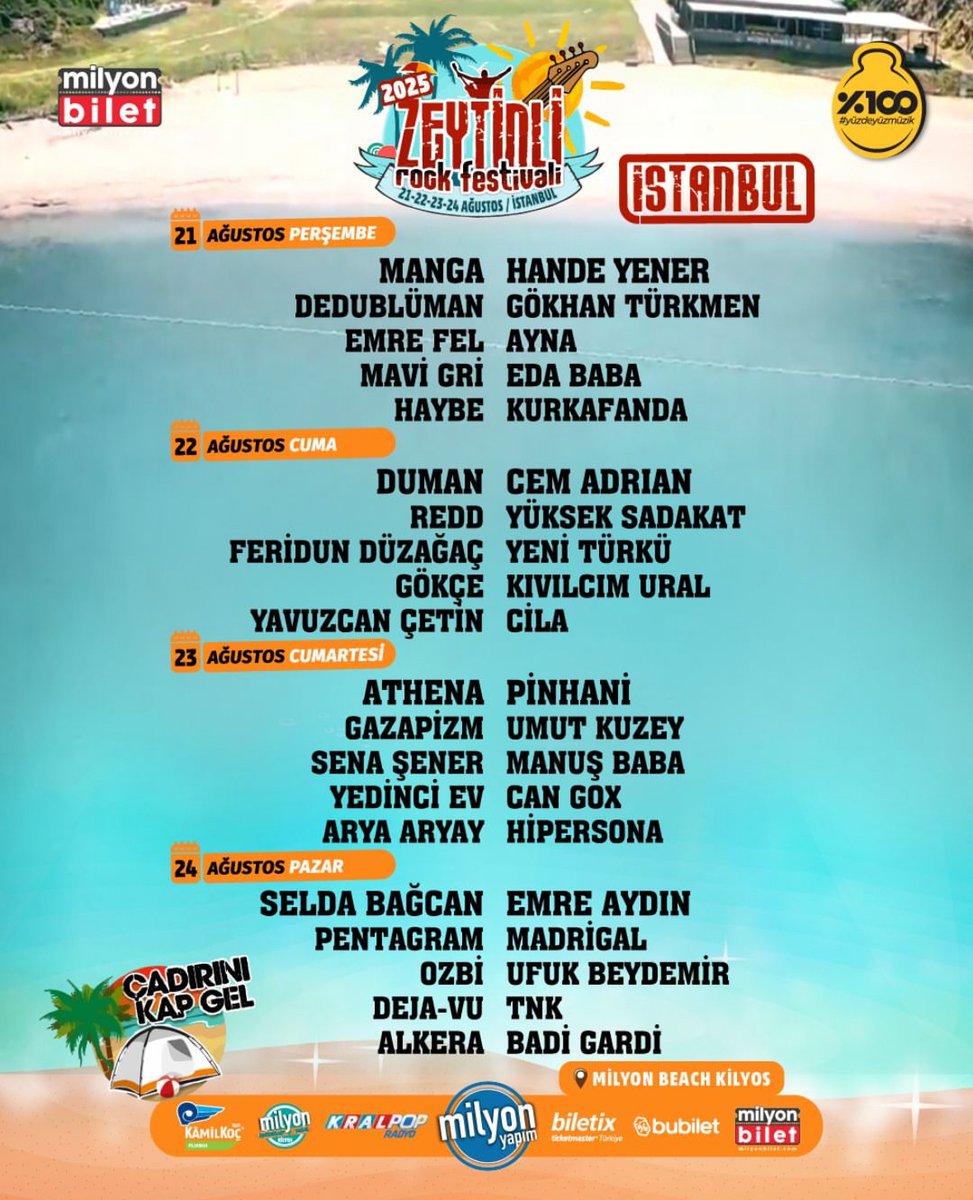 🎸 🎵 🎤 
Bu yıl İstanbul'da düzenlenecek Zeytinli Rock Festivali 21-24 Ağustos tarihlerinde Demirciköy’deki Milyon Beach’te gerçekleşecek!

Zeytinli Rock Festivali'nde 4 gün boyunca Hande Yener, Manga, Athena, Duman, Selda Bağcan, Umut Kuzey ve 40 farklı isim 2 ayrı sahnede